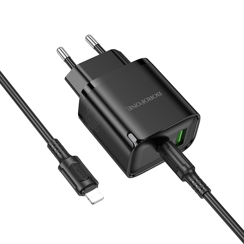 Сетевое зарядное устройство BOROFONE BA83A Flare star 1xUSB + 1xUSB-C с Кабелем Type-C - Lightning, 3A, 20W, черный фото