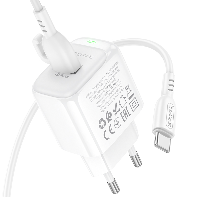 Сетевое зарядное устройство BOROFONE BAS42A Potential 1xUSB с Кабелем USB - Type-C, 18W, белый фото
