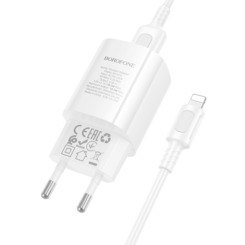 Сетевое зарядное устройство BOROFONE BA101A Pudding 1xUSB с Кабелем USB - Lightning, 2.1A, белый фото