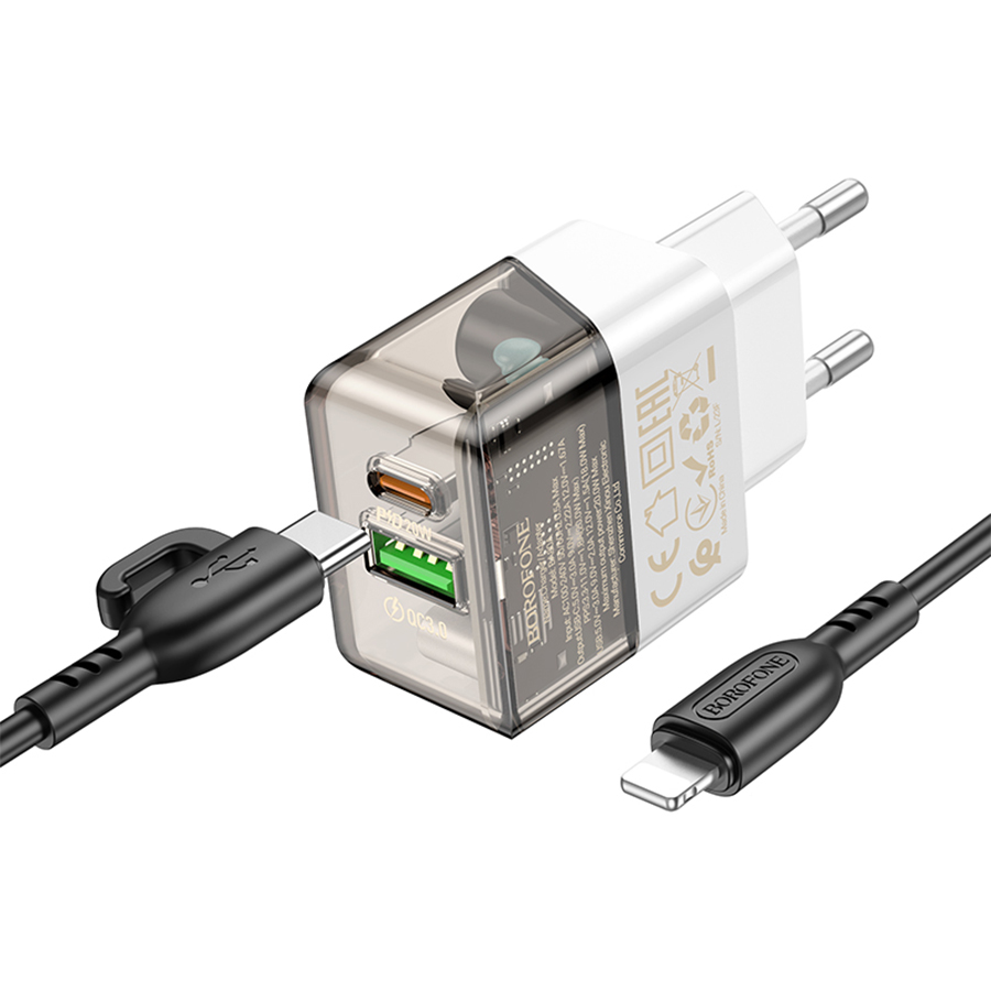 Сетевое зарядное устройство BOROFONE BA80A Scenery 1xUSB + 1xUSB-C с Кабелем Type-C - Lightning, 20W, черный фото