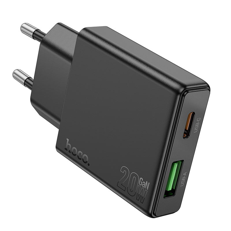 Сетевое зарядное устройство HOCO N38 Delgado 1xUSB + 1xUSB-C, 3A, 20W, черный фото