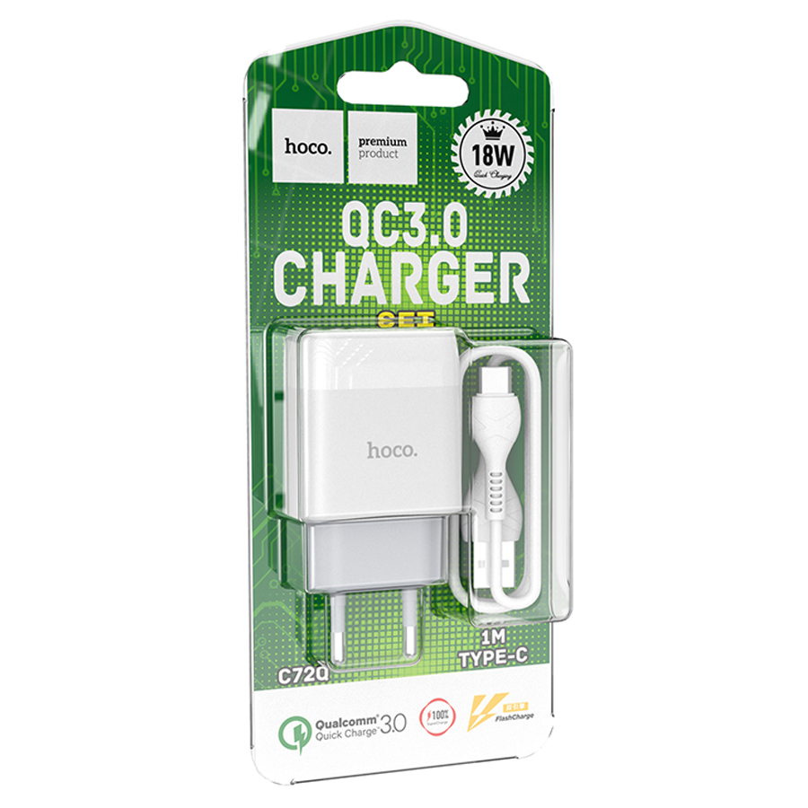 Сетевое зарядное устройство HOCO C72Q Glorious 1xUSB с Кабелем USB - Type-C, 3.0A, 18W, белый фото