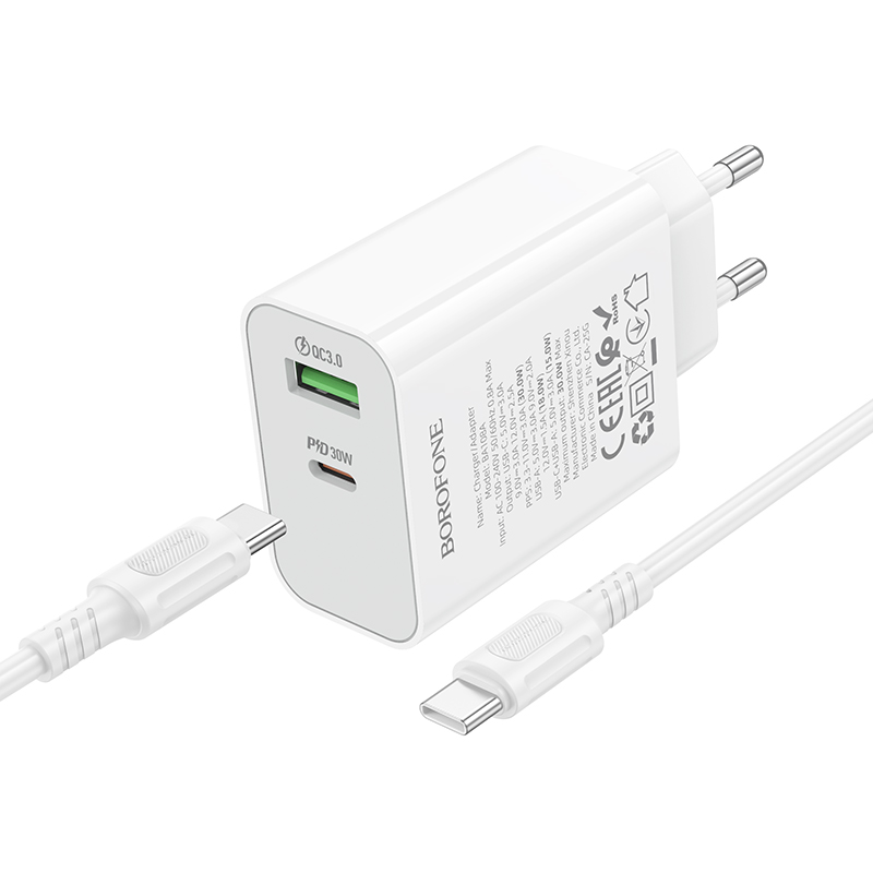 Сетевое зарядное устройство BOROFONE BA108A Stellar 1xUSB + 1xUSB-C с Кабелем Type-C - Type-C, 3A, 30W, белый фото