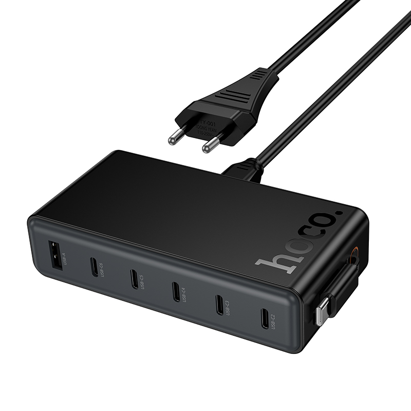 Сетевое зарядное устройство HOCO C151A Modern 1xUSB + 6xUSB-C с Кабелем Type-C, 3A, 70W, черный фото
