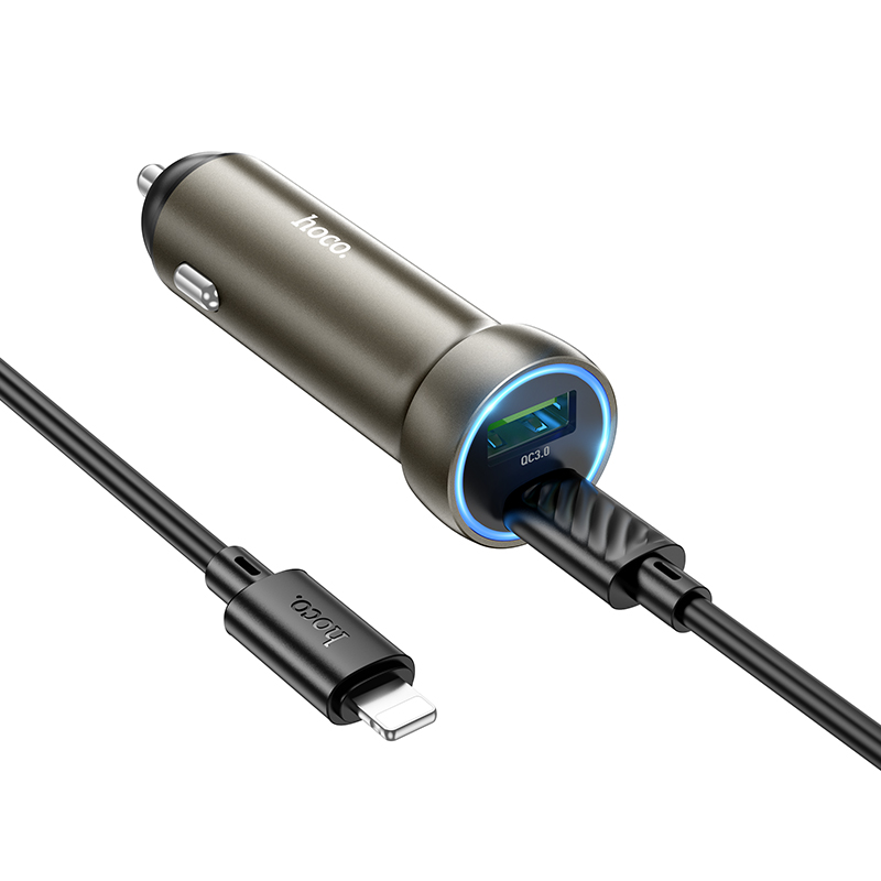 Автомобильное зарядное устройство HOCO Z54A Prosperous, 1xUSB + 1xUSB-C с Кабелем Type-C - Lightning, 48W, золотой фото