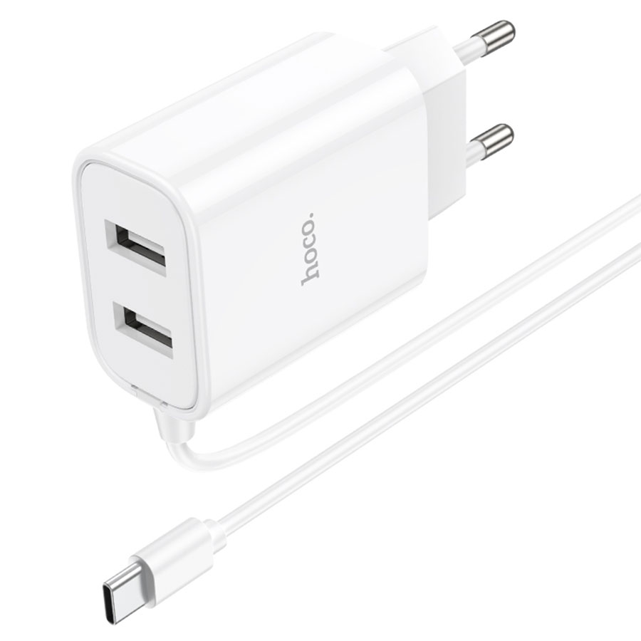 Сетевое зарядное устройство HOCO C103A Courser 2xUSB с Кабелем Type-C, 2.1A, 10W, белый фото