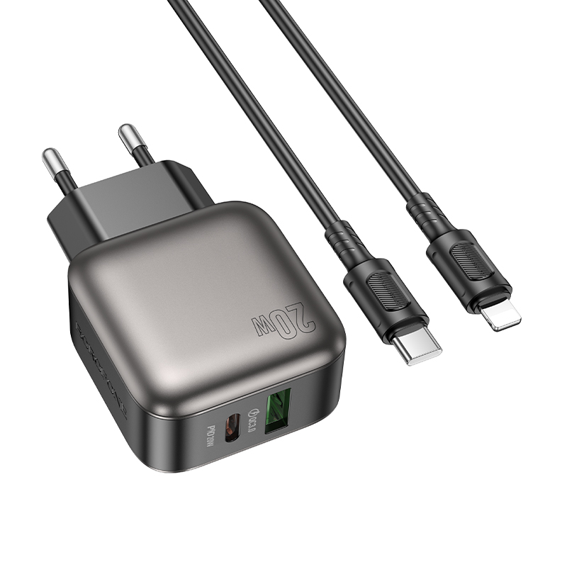 Сетевое зарядное устройство BOROFONE BAS54A Absolute 1xUSB + 1xUSB-C с Кабелем Type-C - Lightning, 3A, 20W, черный фото