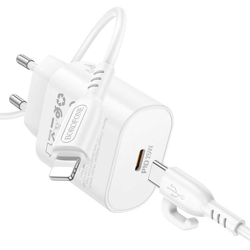 Сетевое зарядное устройство BOROFONE BA82A Platinum 1xUSB-C с Кабелем Type-C - Lightning, 25W, белый фото