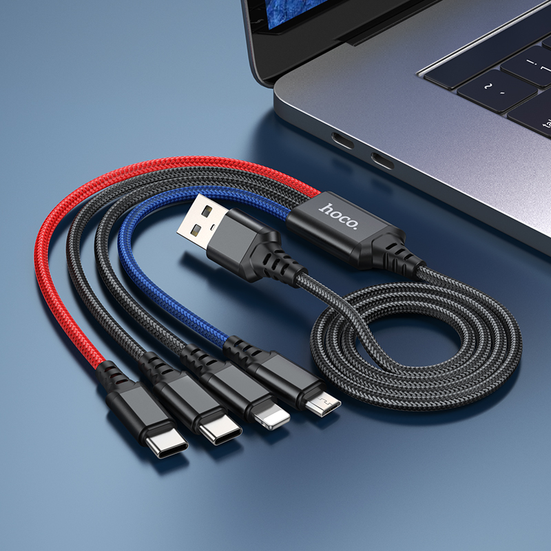 Кабель USB HOCO X76 4 в 1 USB - 2xType-C + MicroUSB + Lightning, 2А, 1 м, черный+красный+синий фото