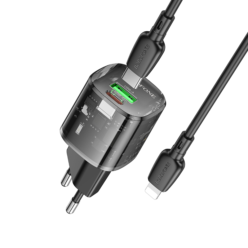 Сетевое зарядное устройство BOROFONE BN17 Sunlight 1xUSB + 1xUSB-C с Кабелем Type-C - Lightning, 3A, 20W, прозрачный черный фото