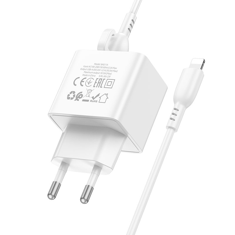 Сетевое зарядное устройство BOROFONE BAS11A Erudite 1xUSB с Кабелем USB - Lightning, 2.1A, белый фото