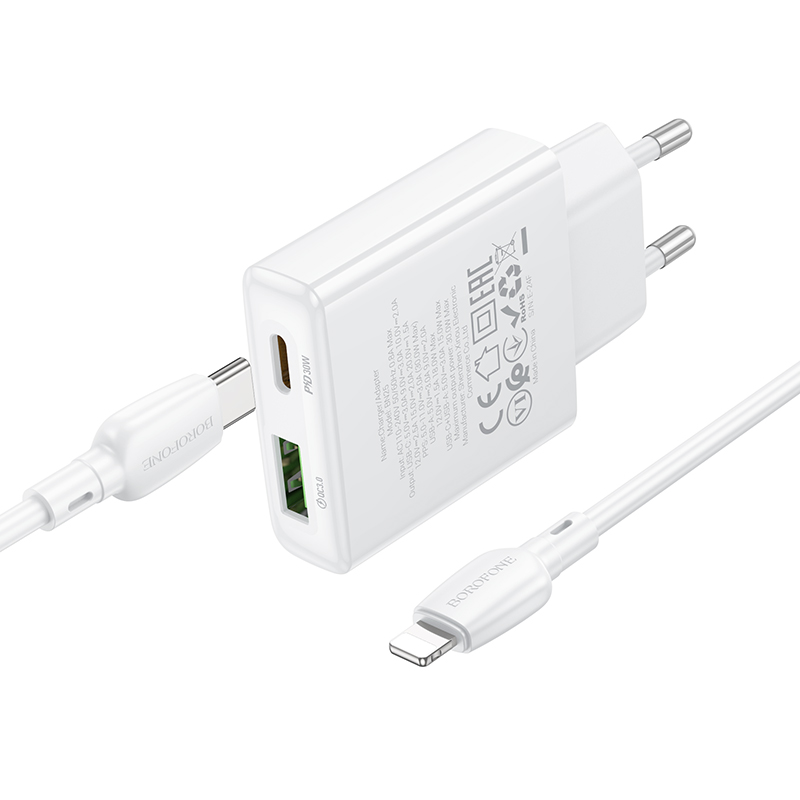 Сетевое зарядное устройство BOROFONE BN25 Wish 1xUSB + 1xUSB-C с Кабелем Type-C - Lightning, 3A, 30W, белый фото