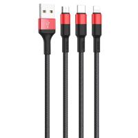 Кабель USB HOCO X26 Xpress 3 в 1 USB - Type-C + Lightning + MicroUSB, 2А, 1 м, черный+красный фото