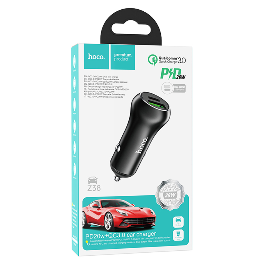 Автомобильное зарядное устройство HOCO Z38 Resolute, 1xUSB + 1xUSB-C, 38W, черный фото
