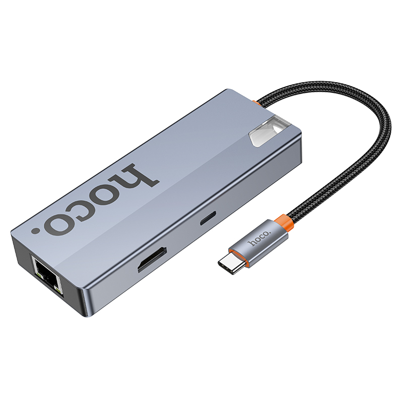Переходник/Адаптер HOCO HB51 Wow 6 в 1 Type-C (m) - 3xUSB3.0 + Type-C PD + HDMI + RJ45, 19 см, серый металлик фото