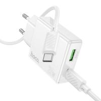 Сетевое зарядное устройство HOCO C142A Direct 1xUSB + 1xUSB-C с Кабелем Type-C - Type-C, 3A, 20W, белый фото