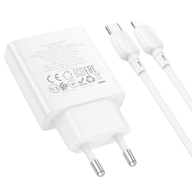 Сетевое зарядное устройство BOROFONE BN25 Wish 1xUSB + 1xUSB-C с Кабелем Type-C - Lightning, 3A, 30W, белый фото
