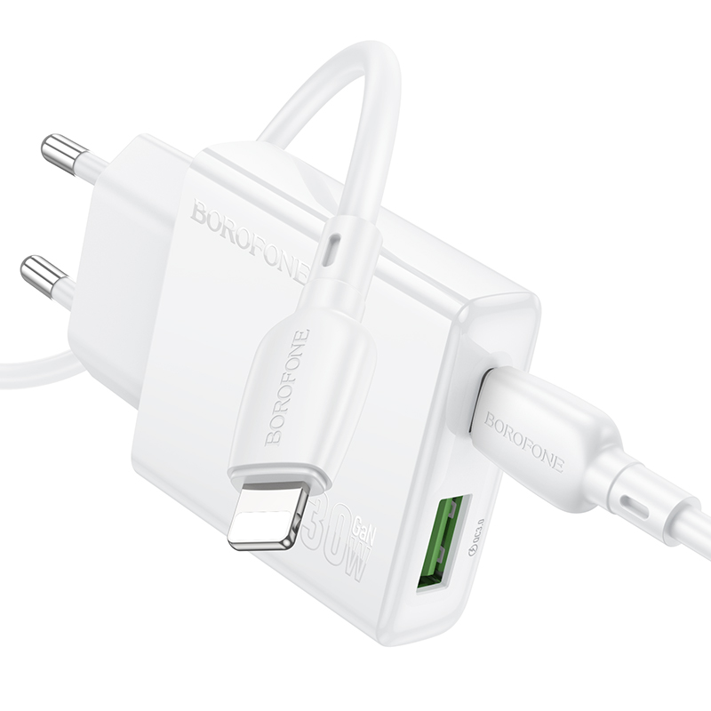 Сетевое зарядное устройство BOROFONE BN25 Wish 1xUSB + 1xUSB-C с Кабелем Type-C - Lightning, 3A, 30W, белый фото