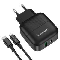 Сетевое зарядное устройство BOROFONE BA46A Premium 1xUSB + 1xUSB-C с Кабелем Type-C - Lightning, 3A, 18W, черный фото