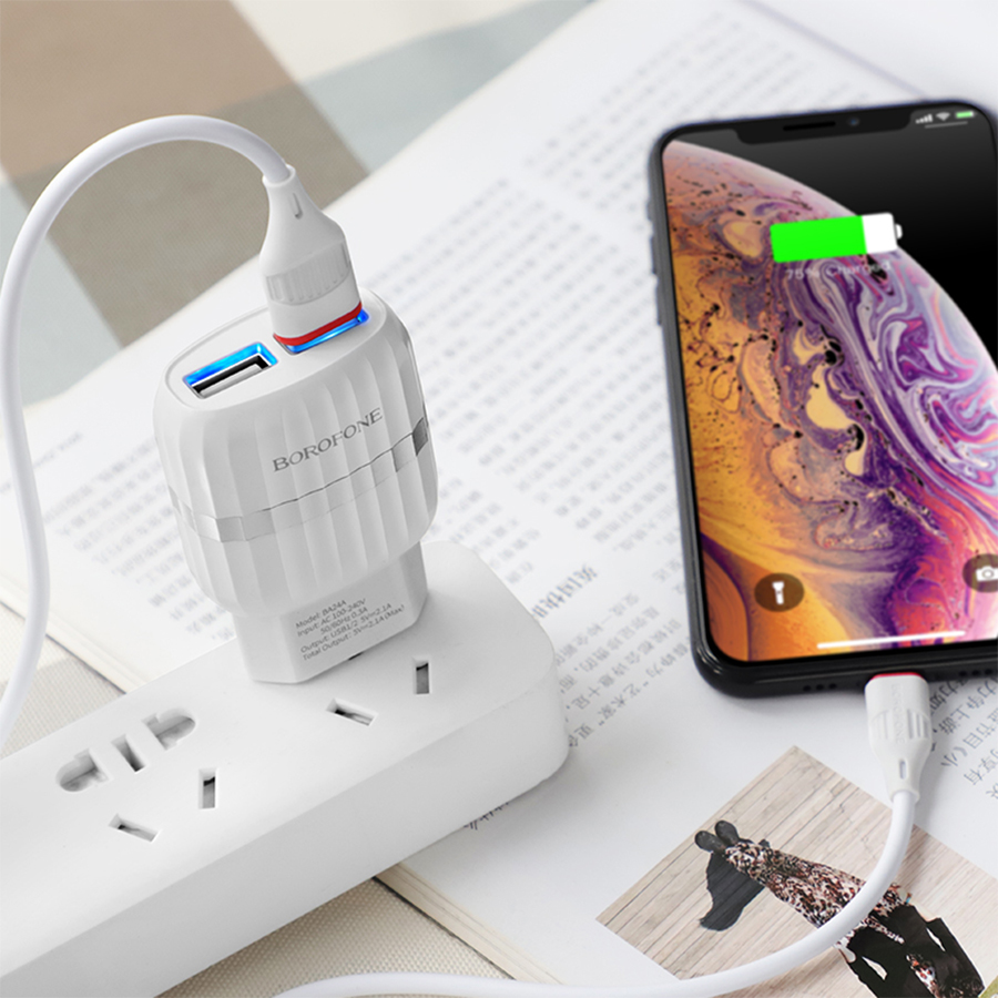 Сетевое зарядное устройство BOROFONE BA24A Vigour 2xUSB с Кабелем USB - Lightning, 2.4A, белый фото