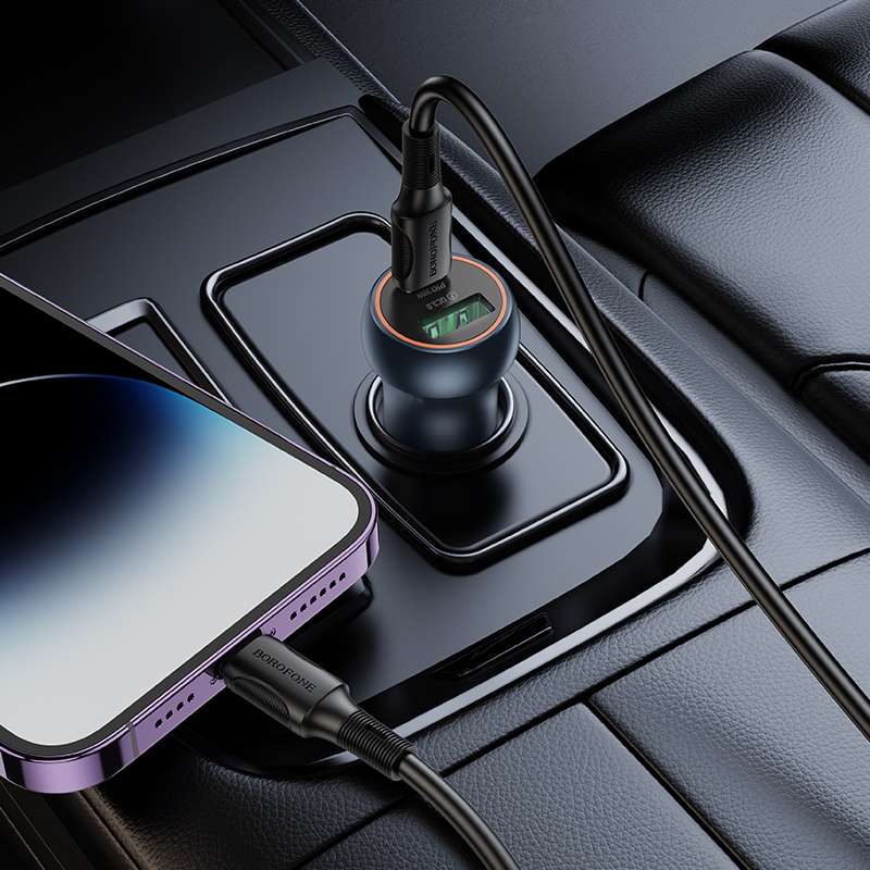 Автомобильное зарядное устройство BOROFONE BZ32B Fresh, 1xUSB + 1xUSB-C с Кабелем Type-C - Lightning, 48W, золотой фото