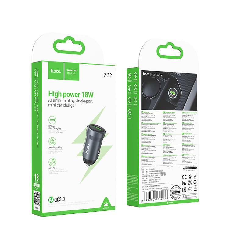 Автомобильное зарядное устройство HOCO Z62 Energy, 1xUSB, 18W, серый металлик фото