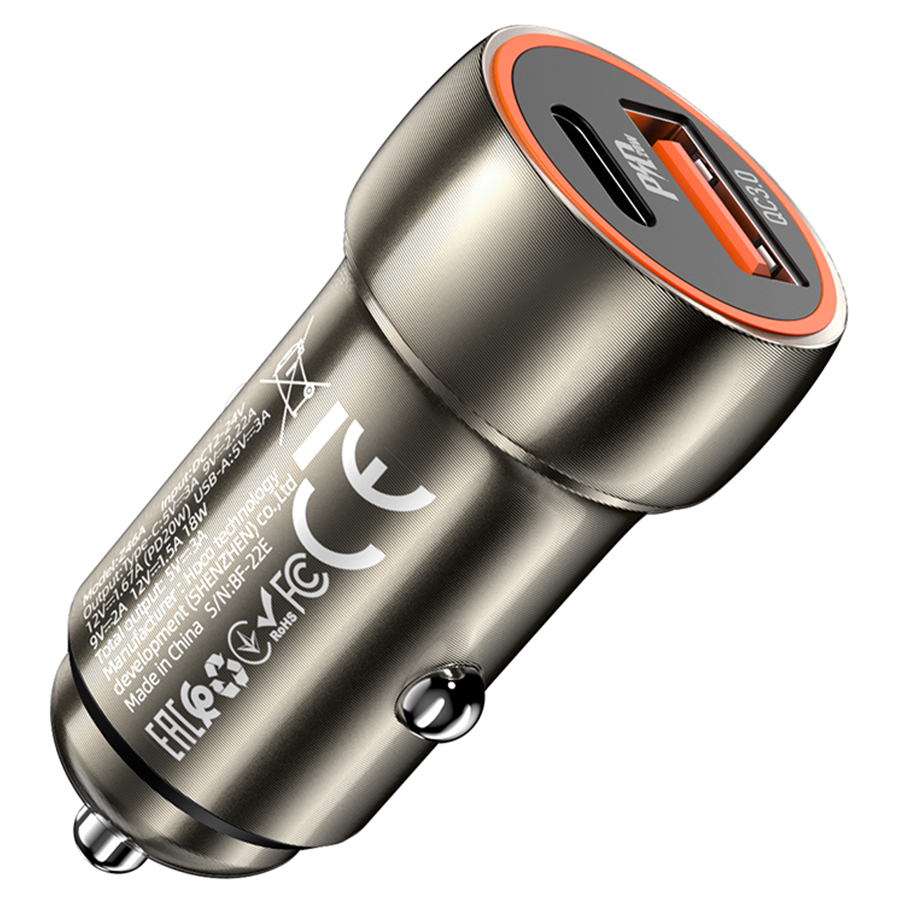 Автомобильное зарядное устройство HOCO Z46A Blue whale, 1xUSB + 1xUSB-C, 3A, 20W, серый металлик фото