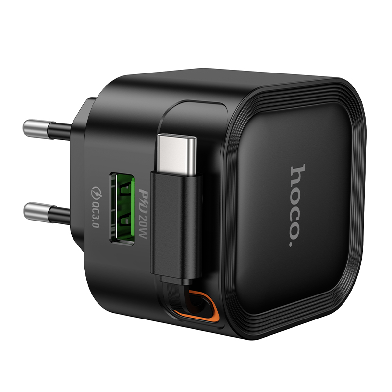 Сетевое зарядное устройство HOCO C154A Changer 1xUSB + 1xUSB-C с Кабелем Type-C, 3A, 20W, черный фото
