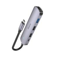 USB HUB разветвитель HOCO HB27 5 в 1 Type-C (m) - USB3.0 + 2xUSB2.0 + Type-C PD + HDMI, 14 см, серый металлик фото