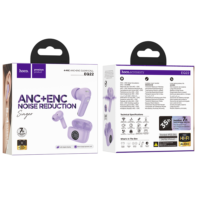 Беспроводные наушники TWS HOCO EQ22 Singer, Bluetooth 5.4, фиолетовый фото