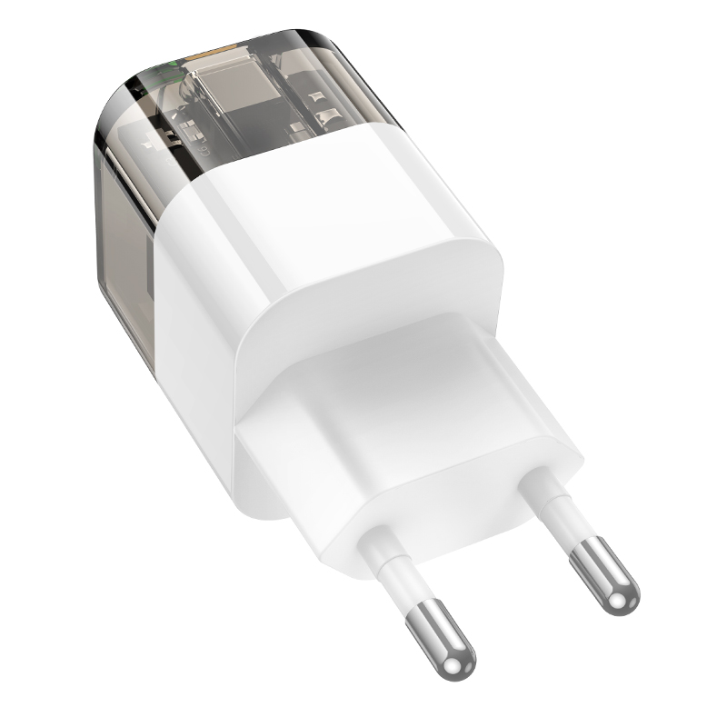 Сетевое зарядное устройство HOCO C131A Platinum 1xUSB + 1xUSB-C, 3A, 30W, прозрачный черный фото