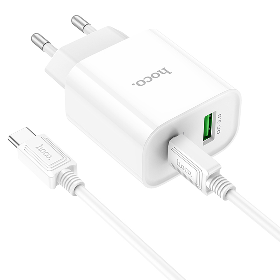 Сетевое зарядное устройство HOCO C80A Plus 1xUSB + 1xUSB-C с Кабелем Type-C - Type-C, 3.1A, 20W, белый фото