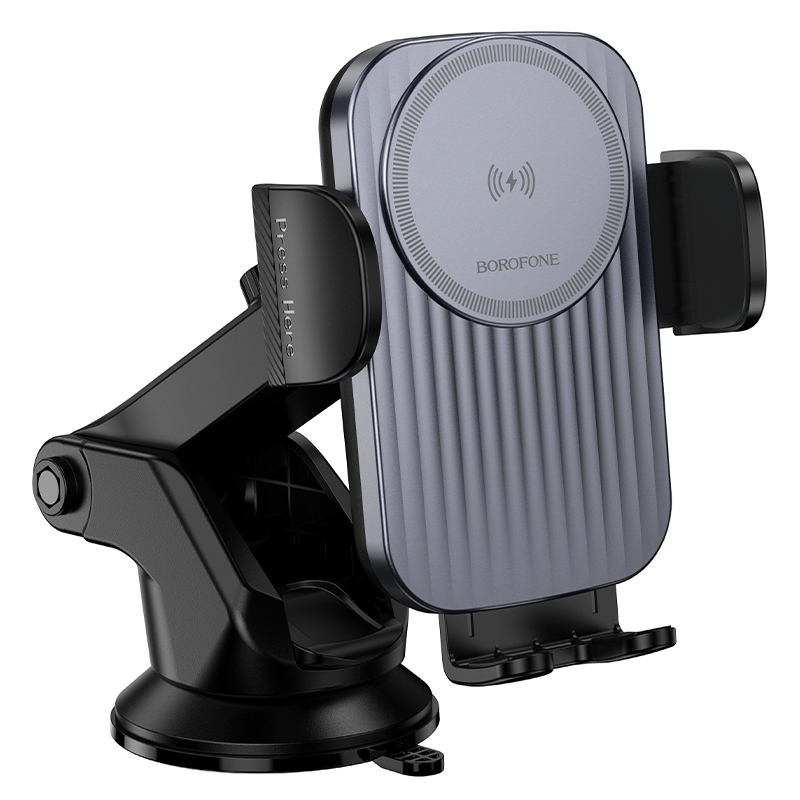 Автомобильный держатель BOROFONE BH222 Leading, зажимной с беспроводной зарядкой, 15W, на приборную панель, черный+серый металлик фото