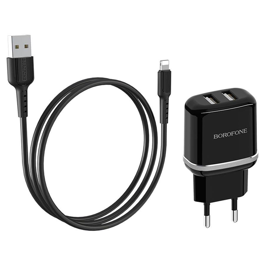 Сетевое зарядное устройство BOROFONE BA25A Outstanding 2xUSB с Кабелем USB - Lightning, 2.4A, черный фото