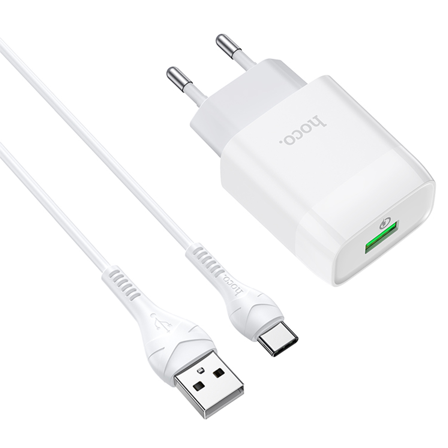 Сетевое зарядное устройство HOCO C72Q Glorious 1xUSB с Кабелем USB - Type-C, 3.0A, 18W, белый фото