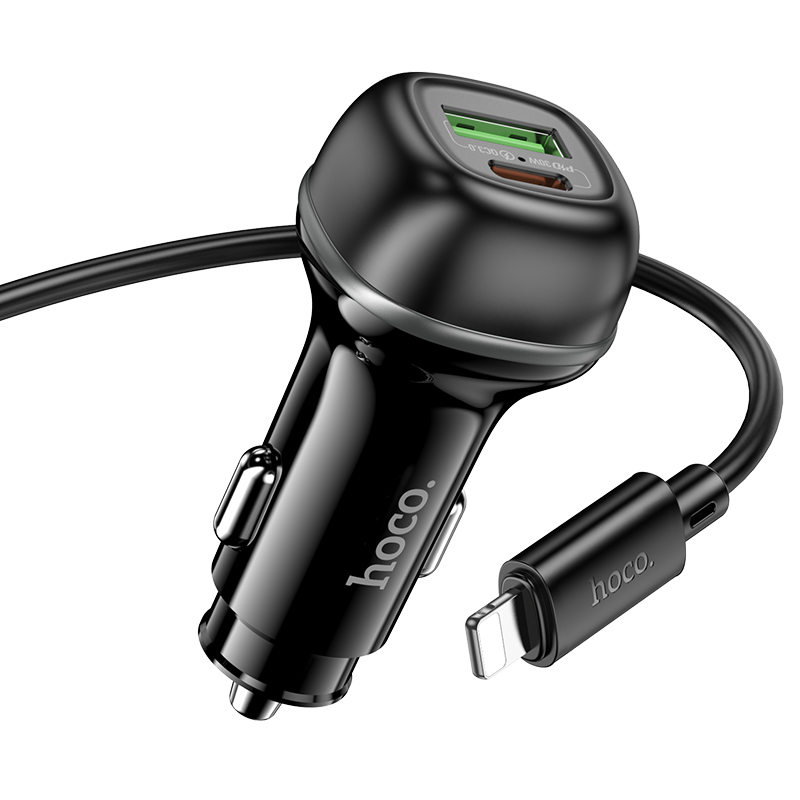 Автомобильное зарядное устройство HOCO Z58A Rank, 1xUSB + 1xUSB-C с Кабелем Type-C - Lightning, 48W, черный фото