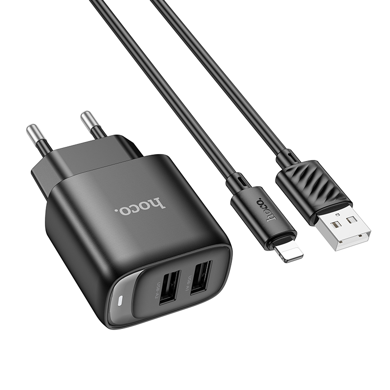 Сетевое зарядное устройство HOCO C141A Smart 2xUSB с Кабелем USB - Lightning, 2.1A, черный фото