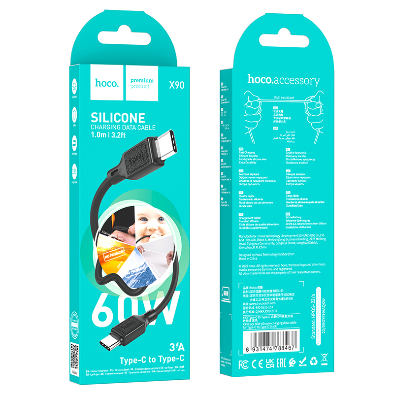 Кабель USB-C HOCO X90 Cool Type-C - Type-C, 3A, 60W, 1 м, черный фото