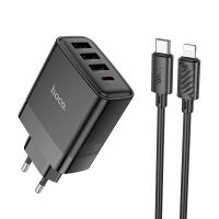 Сетевое зарядное устройство HOCO C127A Intelligent 3xUSB + 1xUSB-C с Кабелем Type-C - Lightning, 45W, черный фото