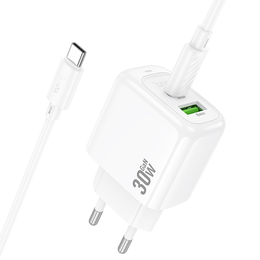 Сетевое зарядное устройство HOCO CS55A Surplus 1xUSB + 1xUSB-C с Кабелем Type-C - Type-C, 30W, белый фото