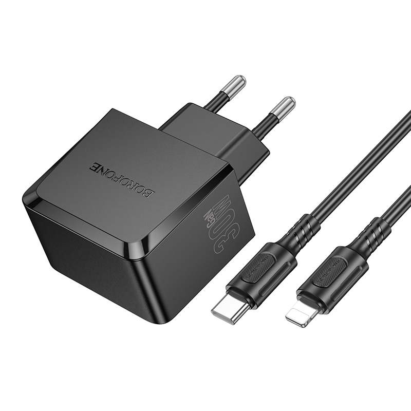 Сетевое зарядное устройство BOROFONE BAS61A Smart 1xUSB + 1xUSB-C с Кабелем Type-C - Lightning, 3A, 30W, черный фото