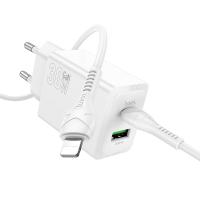 Сетевое зарядное устройство HOCO N71 Nuevo 1xUSB + 1xUSB-C с Кабелем Type-C - Lightning, 3A, 30W, белый фото