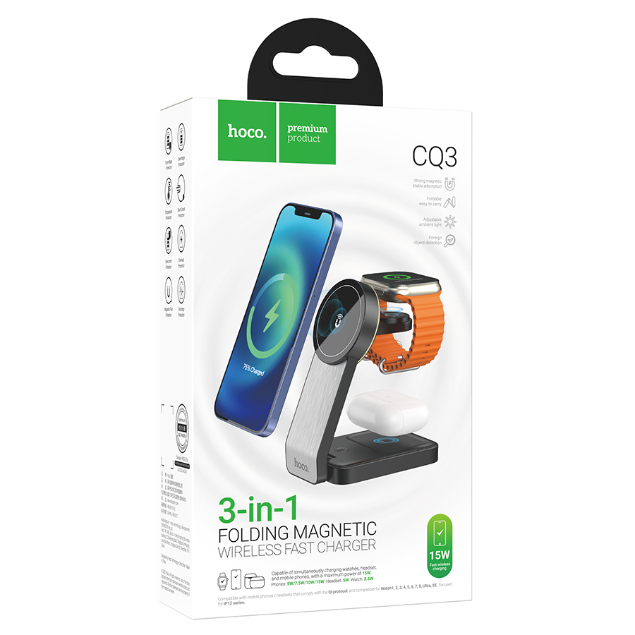 Настольная зарядная станция HOCO CQ3 Motorcycle folding 3-in-1 для iPhone+Airpods+Apple Watch, 3A, 15W, черный фото