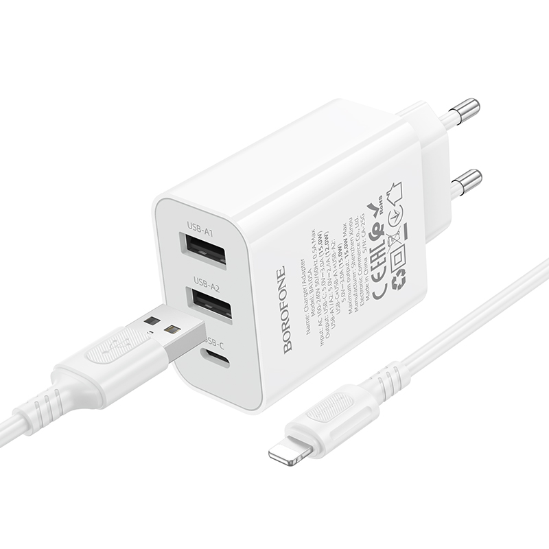 Сетевое зарядное устройство BOROFONE BA105A Stellar 2xUSB + 1xUSB-C с Кабелем USB - Lightning, 3A, 15W, белый фото