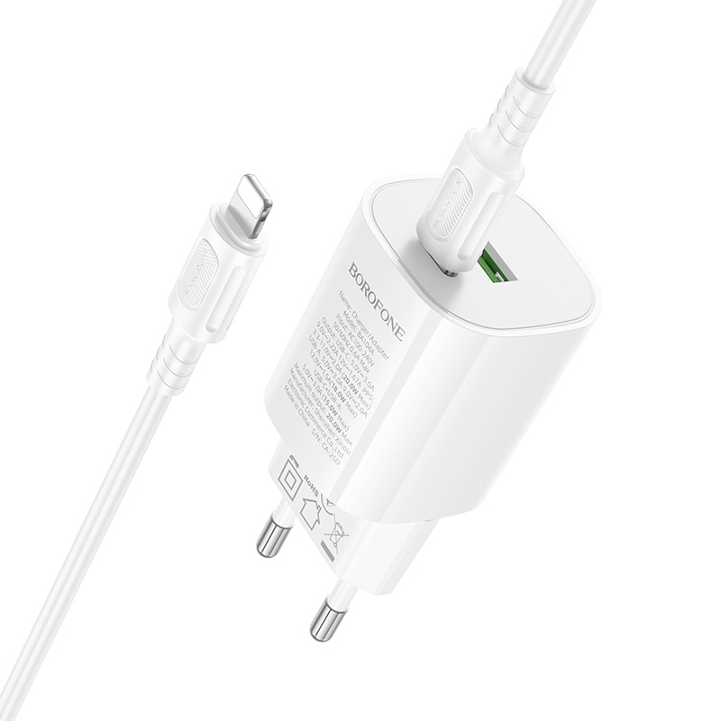 Сетевое зарядное устройство BOROFONE BA104A Pudding 1xUSB + 1xUSB-C с Кабелем Type-C - Lightning, 3A, 20W, белый фото