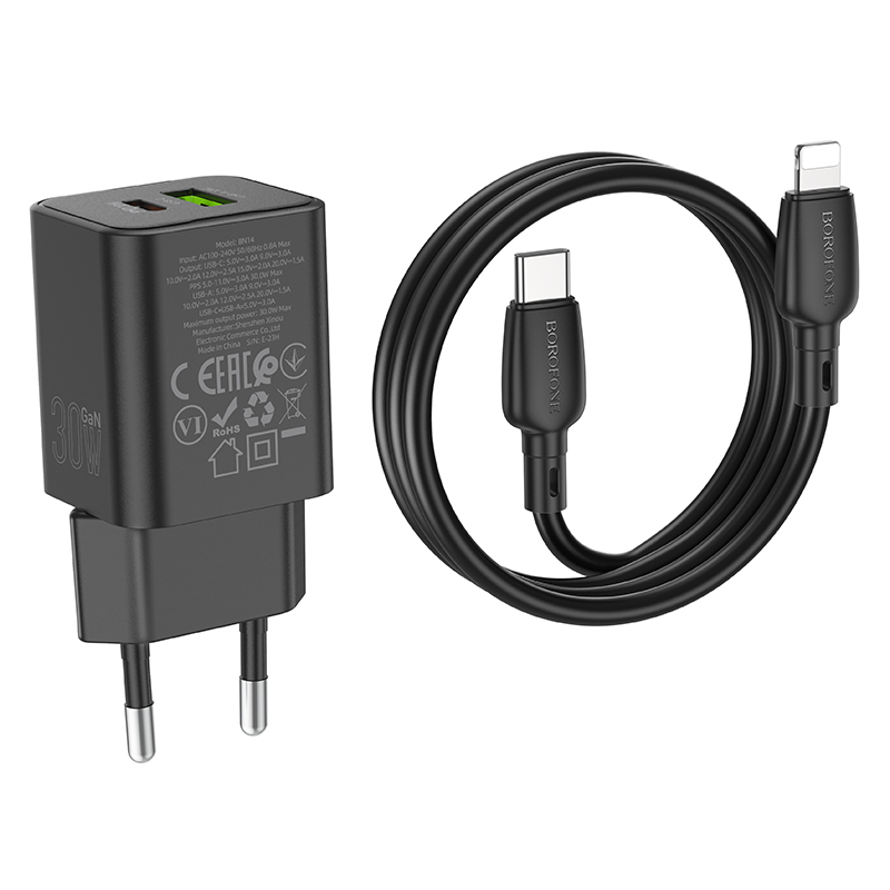 Сетевое зарядное устройство BOROFONE BN14 Royal 1xUSB + 1xUSB-C с Кабелем Type-C - Lightning, 3A, 30W, черный фото