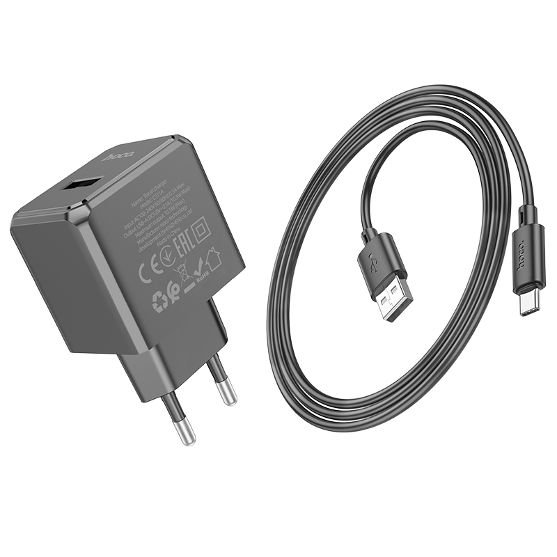Сетевое зарядное устройство HOCO CS11A Ocean 1xUSB с Кабелем USB - Type-C, 2.1A, черный фото