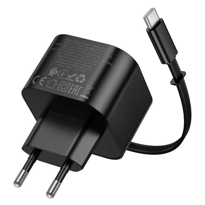 Сетевое зарядное устройство HOCO C154A Changer 1xUSB + 1xUSB-C с Кабелем Type-C, 3A, 20W, черный фото