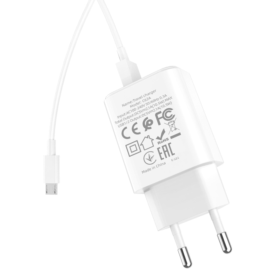 Сетевое зарядное устройство HOCO C62A Victoria 2xUSB с Кабелем USB - Micro, 2.1A, 10W, белый фото