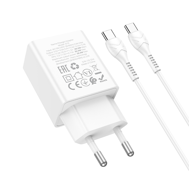 Сетевое зарядное устройство HOCO N70 Nuevo 1xUSB-C с Кабелем Type-C - Type-C, 30W, белый фото